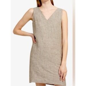Theory 100% linen Womens Beige Pinstripe  V-Neck Sleeveless Shift Dress Size 4